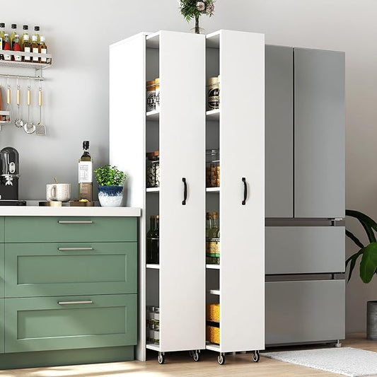 Double Pull Out Pantry Cabinet, Slim Rolling Storage Cart for Kitchen & Home Office, 8-Tier Wood Rolling Pantry Cart Gap Filler for Laundry Room, Dustproof Slide Out Organizer, 62" H White