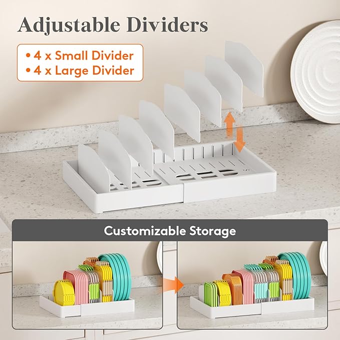 Lifewit Plastic Adjustable Lid Organizers Inside Cabinet, Large Expandable 9.8-17" Lids Holder with 8 Dividers & 9 Compartments for Kitchen Organization, Plate, Bowl Organizer for Tall Drawer