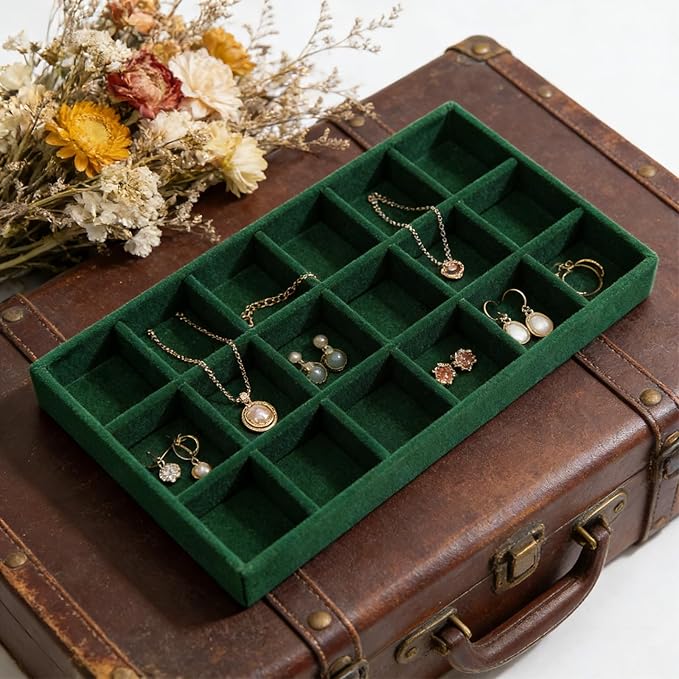 Velvet Jewelry Organizer Trays Dark Green Stackable Jewelry Storage Display Tray with Removable Dividers, 18 Grids