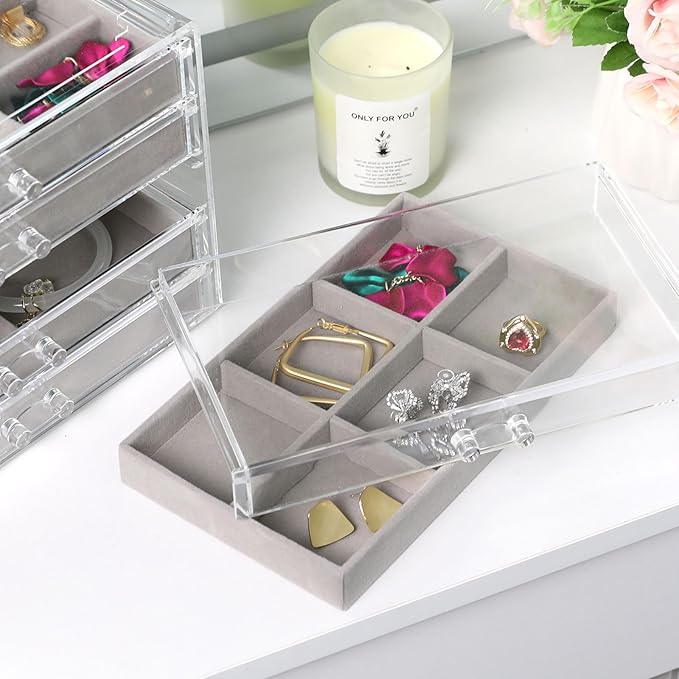 Clear Jewelry Organizer with 5 Drawers, Earring Organizer Jewelry Boxes for Women, Acrylic Earrings Display Holder for Storing Necklaces Earrings Rings, Grey