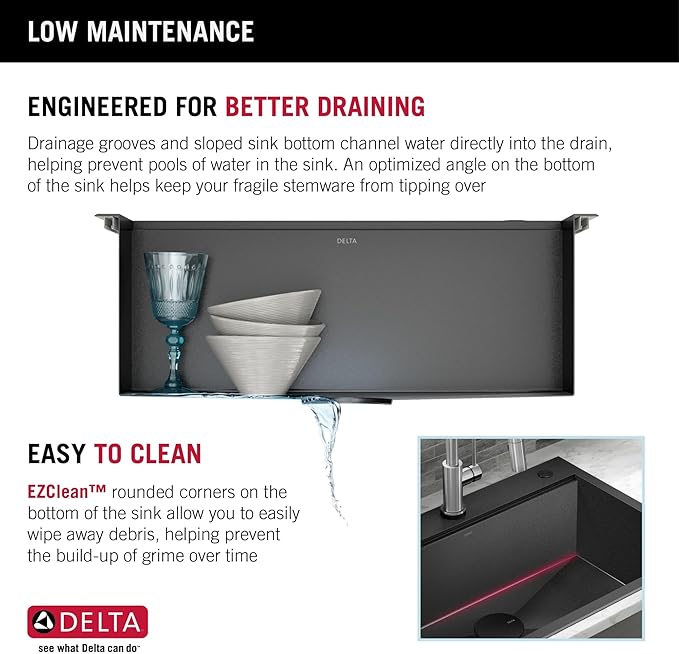 Delta Faucet Delta Rivet 25 Inch Black Stainless Steel Drop-in Top Mount 16 Gauge Workstation Kitchen Sink Single Bowl in PVD Gunmetal Finish with WorkFlow Ledge and Accessories, 95A9031-T25S-GS