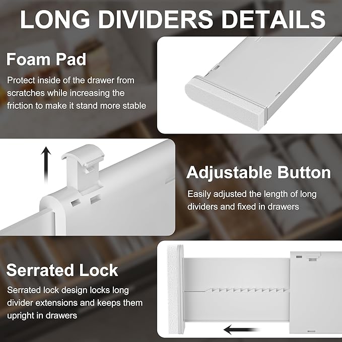HiYZ Expandable Drawer Dividers - 12.6-22.8'' Adjustable Drawers Organizers for Kitchen Utensils, Drawer Separators in Bedroom, Dresser, Office, Bathroom, Fridge, 3 Pack Long Dividers-Gray