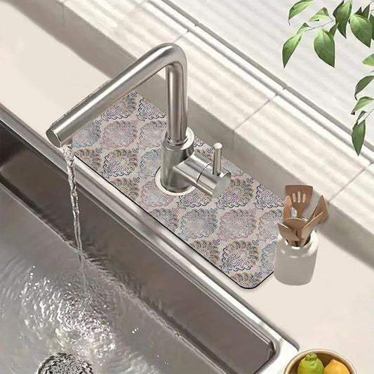 Grey Ceramic Printing Sink Splash Guard Ceramic Texture Faucet Absorbing Mat Fast Drying Mat Sink Gadgets Splash Guard Behind Faucet Drip Catcher for Kitchen Bathroom, 15.5"x5.5"