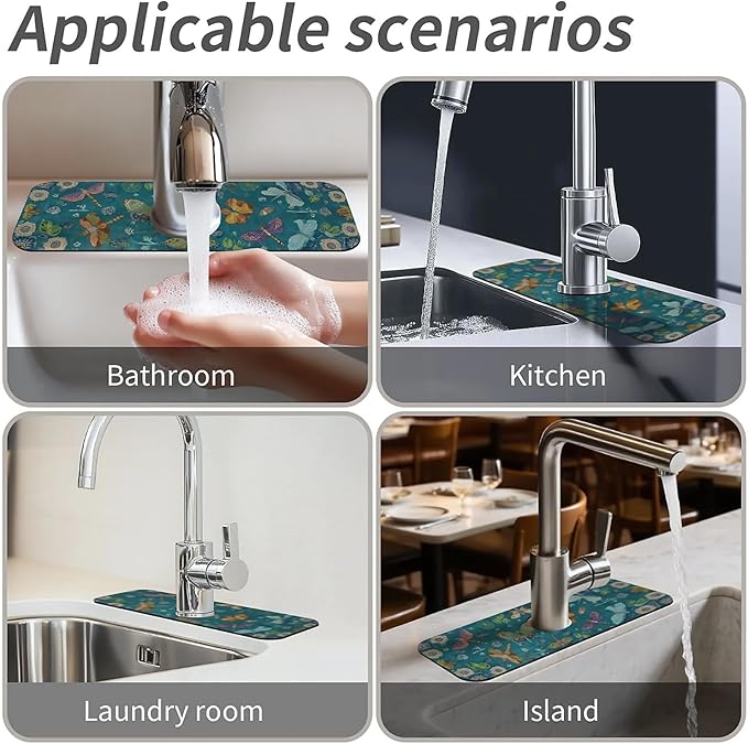 Kitchen Sink Splash Guard，Butterflies and dragonflies Faucet Mat Sink Gadgets-Super Absorbent Fast Drying Mat Drip Catcher for Kitchen, Bathroom,Sink Mat, Dish Drying Mat, Bathroom(15" X 5.5" )