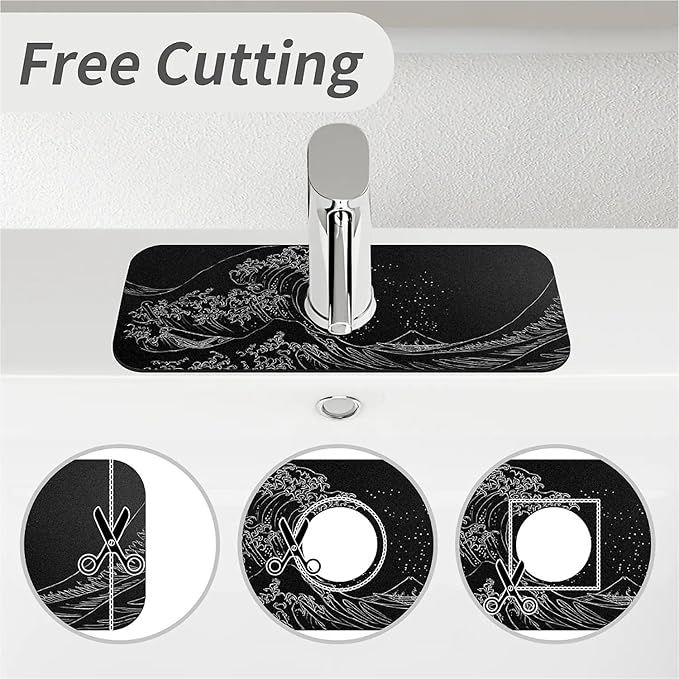 Kitchen Sink Splash Guard，Black and white line waves Faucet Mat Sink Gadgets-Super Absorbent Fast Drying Mat Drip Catcher for Kitchen, Bathroom,Sink Mat, Dish Drying Mat, Bathroom(15" X 5.5" )