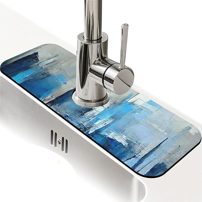 Kitchen Sink Splash Guard，Blue grey and more colors abstract Faucet Mat Sink Gadgets-Super Absorbent Fast Drying Mat Drip Catcher for Kitchen, Bathroom,Sink Mat, Dish Drying Mat, Bathroom(15" X 5.5" )