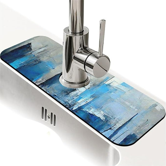 Kitchen Sink Splash Guard，Blue grey and more colors abstract Faucet Mat Sink Gadgets-Super Absorbent Fast Drying Mat Drip Catcher for Kitchen, Bathroom,Sink Mat, Dish Drying Mat, Bathroom(15" X 5.5" )