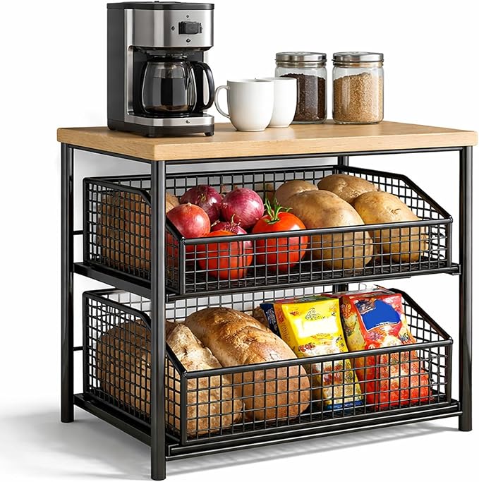 Kitchen Countertop Organizer with Drawer & Wire Basket, 3-Layer Fruit Storage Basket Snack Rack Hardwood, Desktop Pull-Out Metal Organizers for Coffee Maker Microwave Toaster & Spices (3-Layer Black)