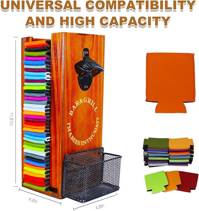 3-in-1 Can Cooler Holder with Bottle Opener - Wooden Beer Can Sleeves Organizer & Dispenser - Wall Mounted Beer Can and Bottle Cooler Storage - Ideal for Home Bars and Parties(Wood)