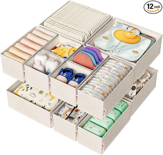 Cotton Linen Drawer Organizer for Baby Clothes, 12Pack Multi-Size Nursery Dresser Dividers for Clothes, Premium Foldable Storage Bins for Bedroom, Closet and Diaper Table, Beige