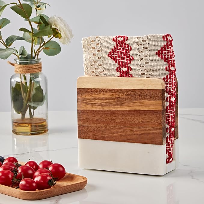 Marble Wood Napkin Holder, Square Heavy Duty Table Standing Tissue Dispenser, Handmade Natural Wood and Marble Tissue Holder, Napkin Dispenser for Home, Kitchen Countertop, Dining Room