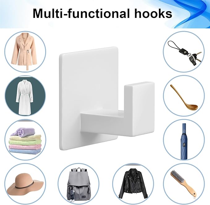 VINHOLD Adhesive Shower Hooks, Towel Hooks for Hanging Robe, Coat, Hat, Loofah, Heavy Duty Wall Hooks Stick on Bathroom, Kitchen and Office (2 Pack, White)