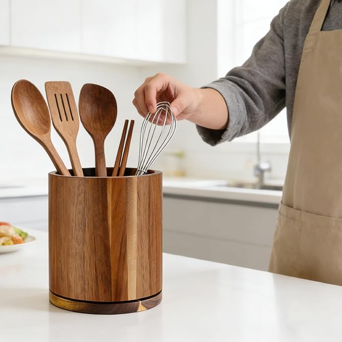 Acacia Wood Utensil Holder 360°Rotating Anti-Tip Design for Kitchen Counter,Cooking Utensil Crock for Countertop , Large Utensil Organizer for Spatula