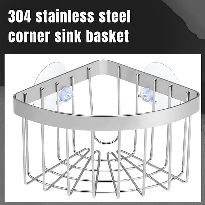 304 Stainless Steel Corner Sink Caddy，Movable Suction Cup Sponge Holder with Strong Suction Cups, Sink Organizer with Soap Dish for Kitchen and Bathroom