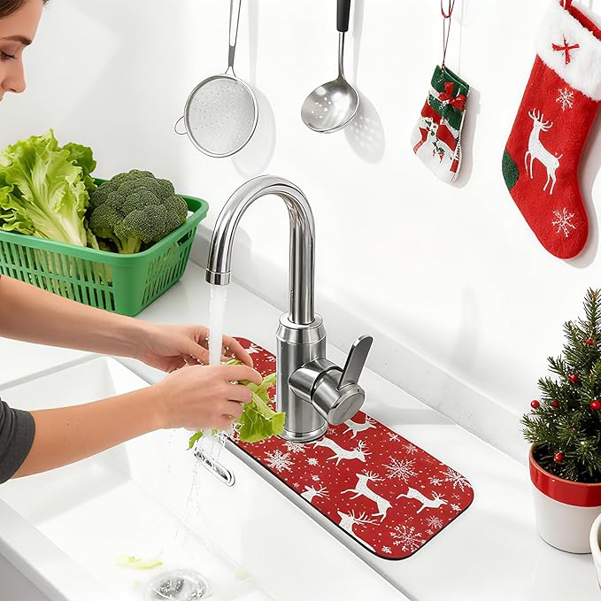 Sink Faucet Mat Deer Snowflakes Kitchen Splash Guard Absorbent Bathroom Sink Mat Around Faucet 15" x 5.5" Drying Mats Stone Draining Mat