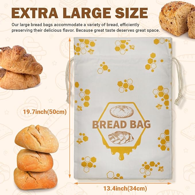Extra Large Cotton Beeswax Bread Bags with Drawstring Closure (1 Pack) Reusable Bread Bags for Sourdough, Freshness Preservation, Freezer-Safe Food Storage for Gifts (19.7x13.4 Inch)