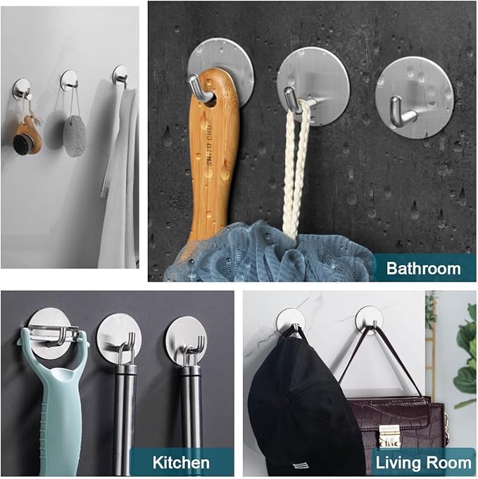 EDMILE 8 Pack Silver Adhesive Wall Hooks, Towel Hooks for Bathrooms, Sticky Hooks for Hanging, Stick on Wall Mount for Bathroom Kitchen Bedroom No Drill