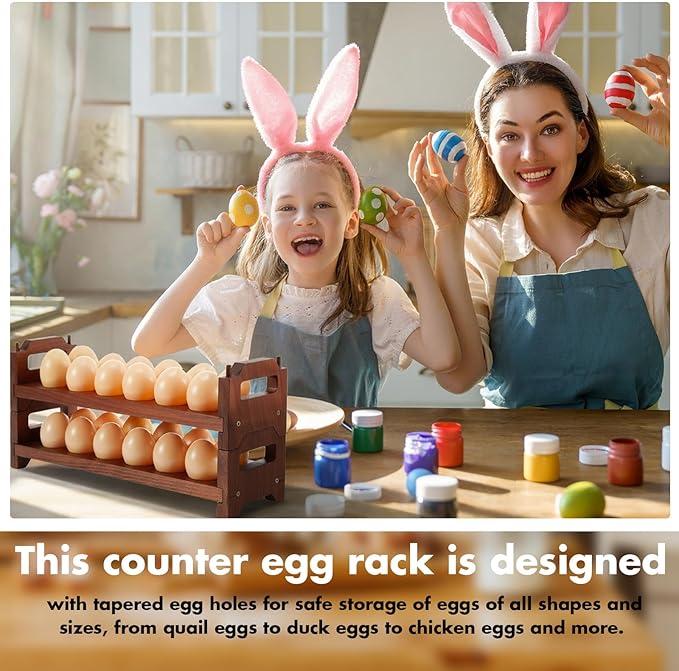 Maxcheck 6-Tier Stackable Egg Holder Acacia Wood Egg Storage Rack with Handles Shelf Storage up to 108 Countertop Organizer for Kitchen, Refrigerator