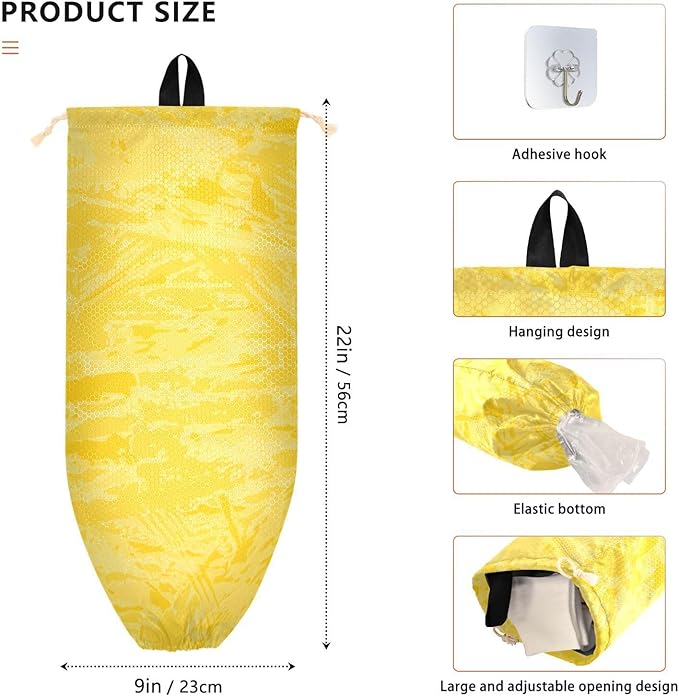 Plastic Bag Holder Wall Mount Grocery Bag Shopping Bag Storage Holder Organizer Dispenser with Adhesive Hook,for Kitchen Bathroom Home Decor 9x22 Inches Pure Yellow34