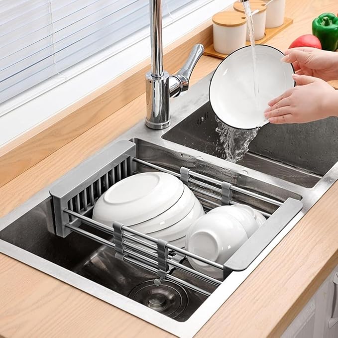 Extend Kitchen Sink Drain Basket,Stainless Steel Retractable Sink Rack,Over Sink Dish Rack,Portable Telescopic Kitchen Sinks Accessories,Extender Basket for Vegetables Fruits and Dishes(Black,Small)