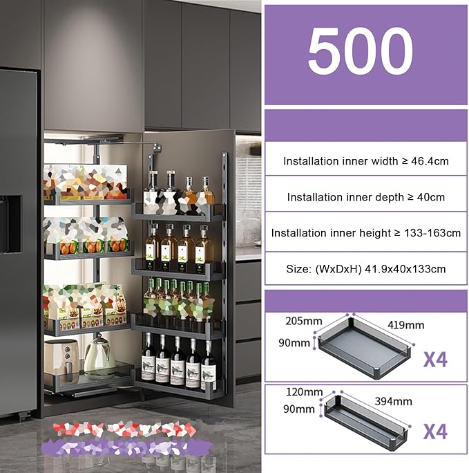 WIGING 4-Tier Narrow Cabinet Pull-Out Basket, High Cabinet Pull-Out Storage Rack with Adjustable Dividers for Kitchen Bathroom Pantry, Single-Layer Load Capacity: 15kg(41.9x40x133cm)