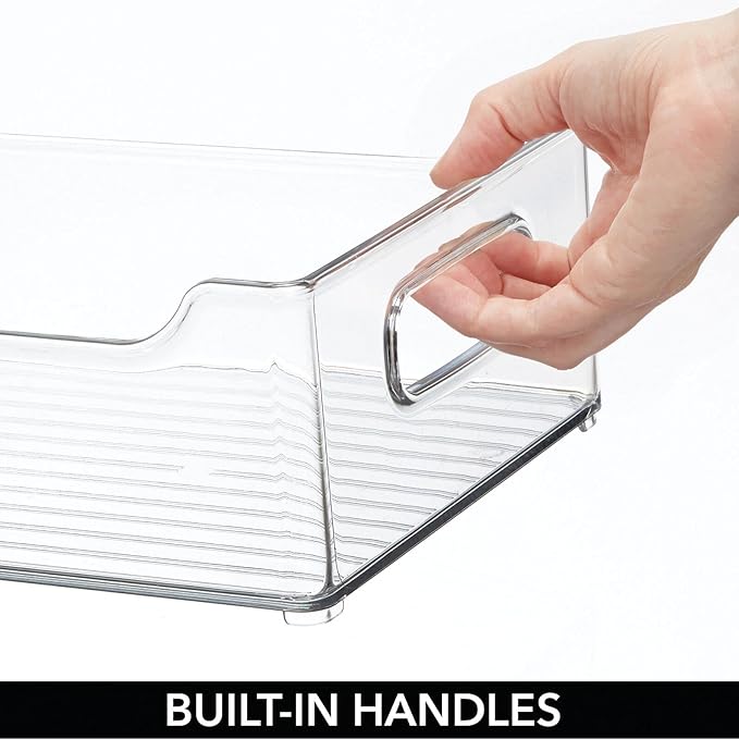 mDesign Wide Plastic Kitchen Storage Container Bins with Handles -Organization in Pantry, Cabinet, Refrigerator or Freezer Shelves - Food Organizer for Fruit, Yogurt, Squeeze Pouches - 4 Pack - Clear