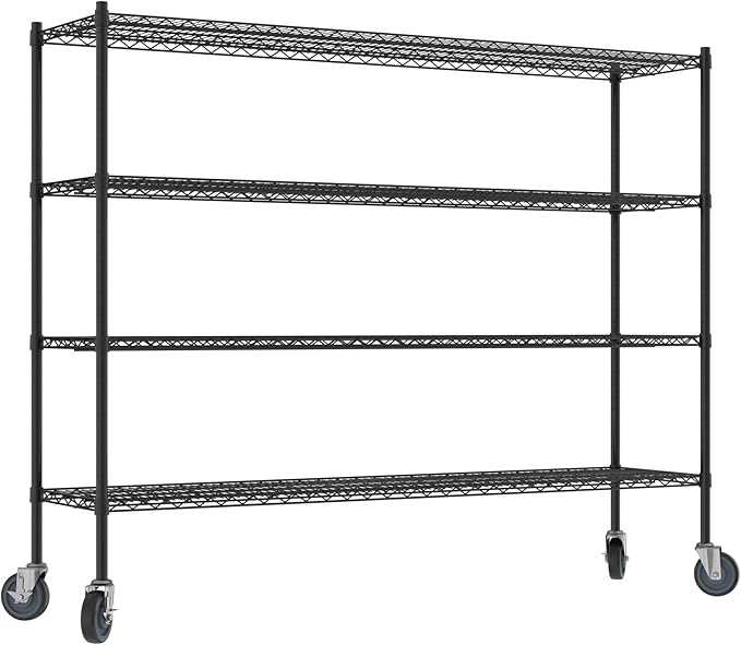 Commercial NSF Listed Black Epoxy Mobile Wire Shelving Kit 18" x 72" x 60", with 4 Shelves Perfect for Warehouse, Walk-in Refrigerator, Freezer, Grocery Store, Restaurant, Dishroom