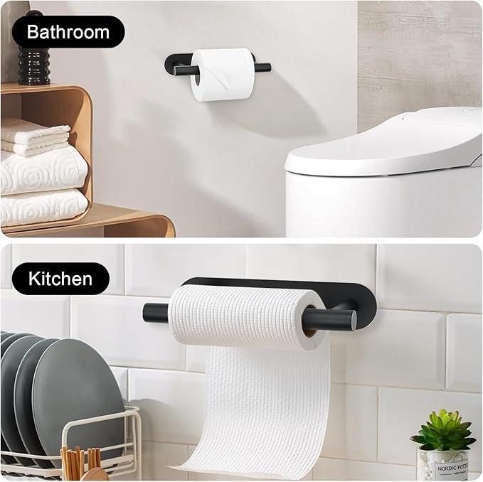 2 Pieces Self Adhesive Matte Black Toilet Paper Holder, Commercial Toilet Paper Dispenser Toilet Roll Holder, Double Base Paper Towel Holder Wall Mount No Drilling for Bathroom, Kitchen
