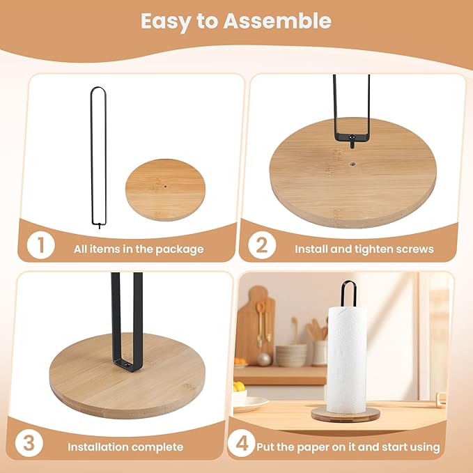 Paper Towel Holder Countertop Standing Paper Roll Holder with Anti-Slip Base Paper Towel Holders for Kitchen Roll Holder Bamboo & Stainless Steel,Black