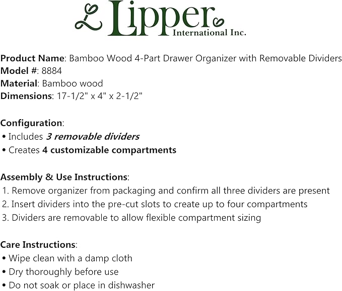 Lipper International Bamboo Drawer Organizer with 3 Removable Dividers, Brown