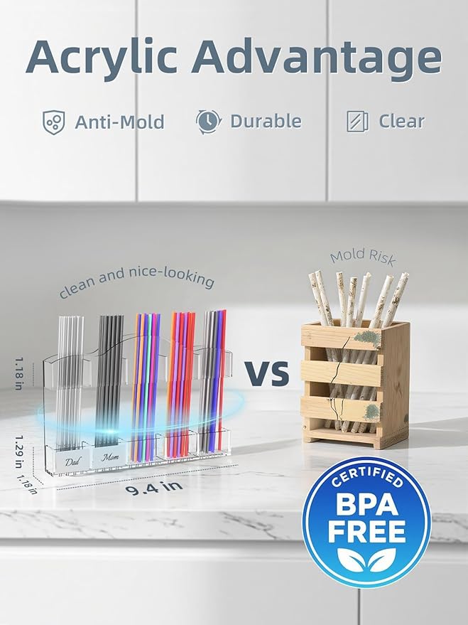 9.8" Acrylic Straw Holder for Cabinet Door - Straw Organizer with Ultra-Sticky Adhesive, Kitchen & RV Essensials, 5-Compartment Storage for Reusable Straws & Brushes, Colored Pencils, Markers