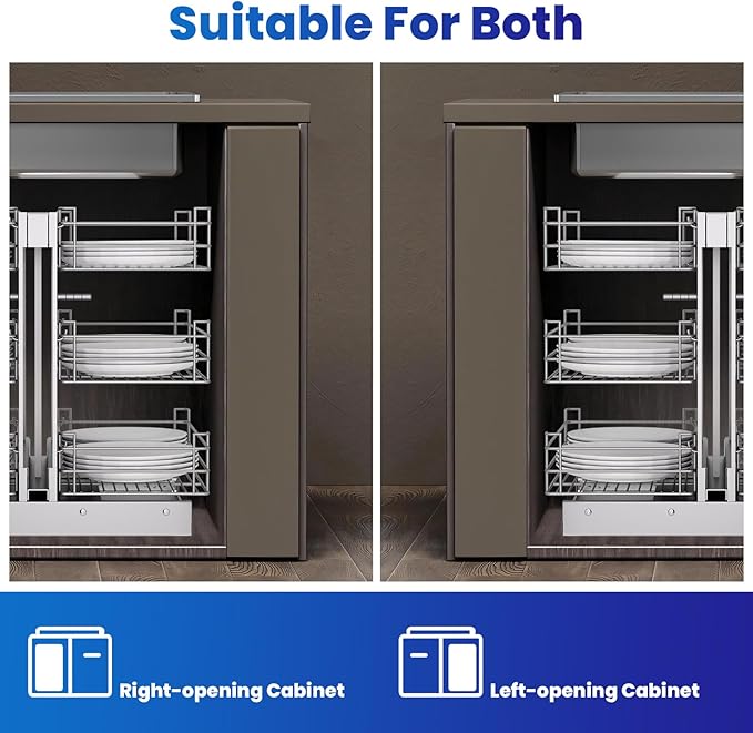 Modern Stainless Steel Blind Corner Cabinet Organizer, 3 Tier Soft Close Pull Out Storage System, 6 Basket Kitchen Drawer for 17" Min Opening