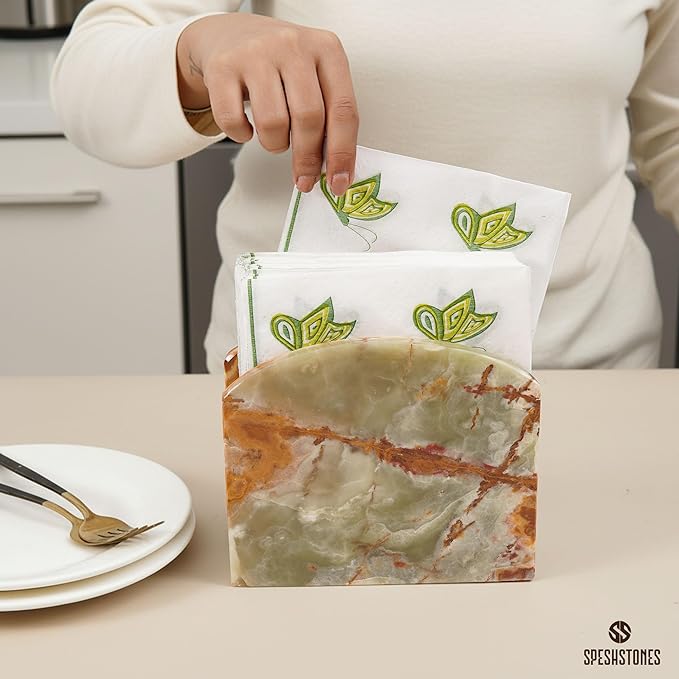 Marble Napkin Holder 6.5 Inch Handmade Green Stone Organizer for Tissue Paper & Cocktail Napkins, Ideal for Coffee Bar Table, Bathroom, Kitchen Countertop & Home Decor