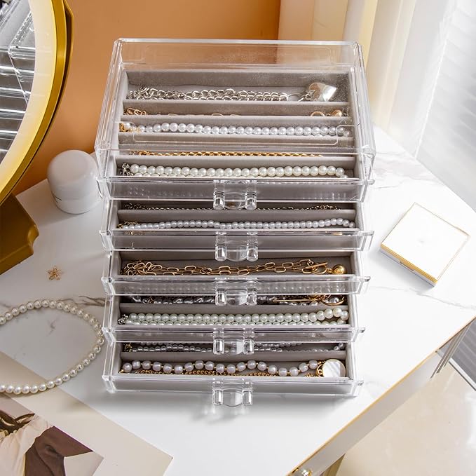 Necklace Holder Organizer, Dustproof Necklace Box Velvet Necklace Organizer Box with Lid Clear Acrylic Dustproof Stackable Jewelry Displays for Necklaces Chain Display (Gray, 5 Drawer)