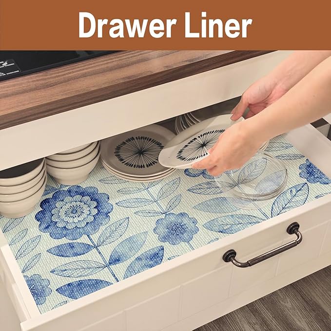 Vuacepe Drawer and Shelf Liner for Kitchen Cabinets Non-Adhesive Strong Grip Floral Shelf Liner Non-Slip Waterproof Blue Flower Drawer Liner for Cupboard Shelves Easy to Clean Cabinet Liner 12IN×10FT