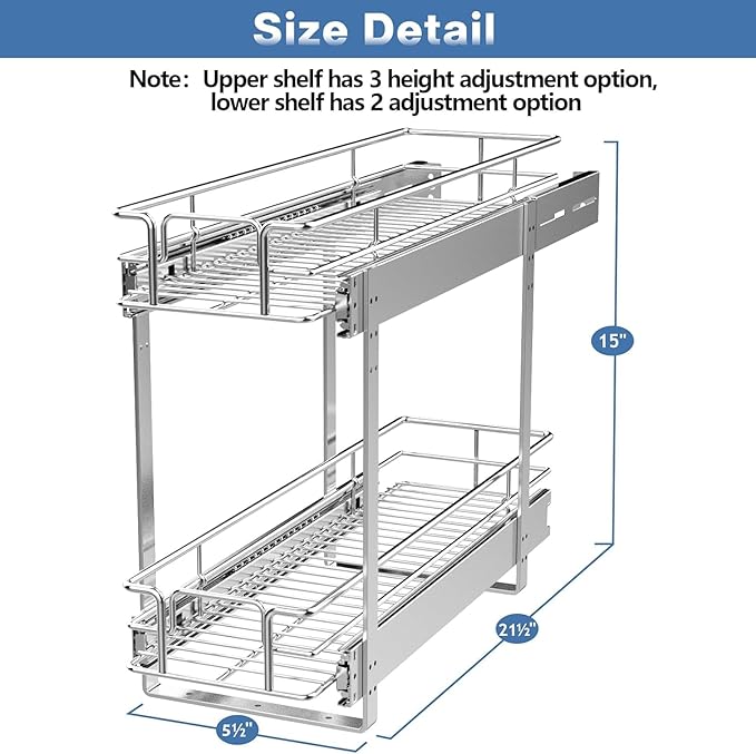 ROOMTEC Pull Out Cabinet Organizer (5½"W x 21½"D),2 Tier Pull Out Storage Shelf Drawer Basket,Sliding Shelves for Base Cabinet Organization in Kitchen, Bathroom, Pantry