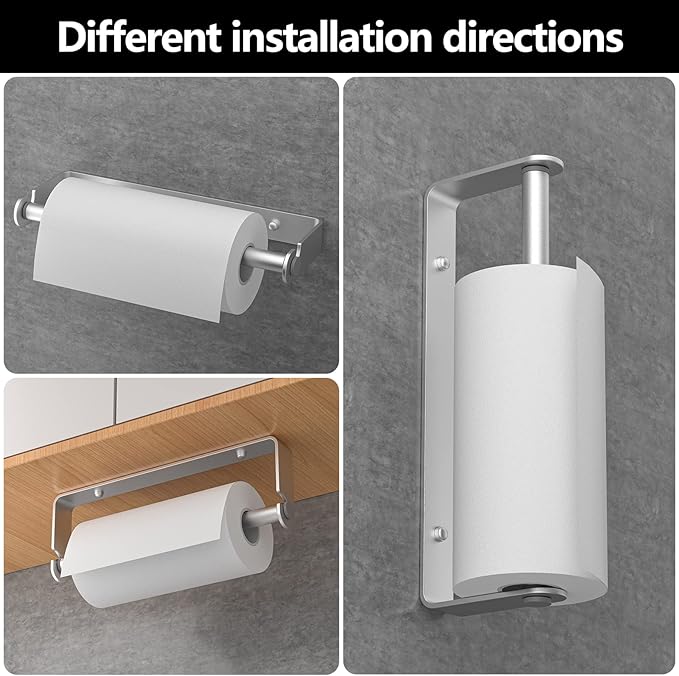 Under Cabinet Paper Towel Holder, Adhesive or Drill Mount Paper Towel Holder, Wall Mount Paper Towel Holders for Kitchen or Bathroom (Silver) 2 Pack