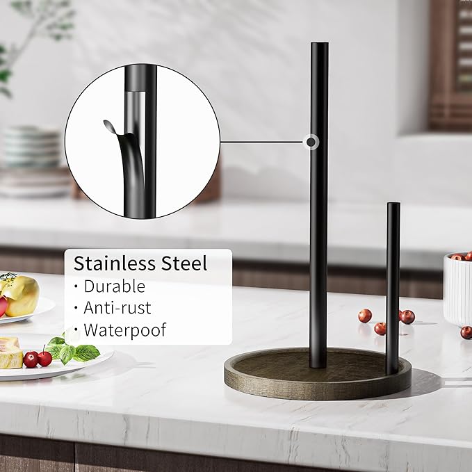 Farmhouse Paper Towel Holder for Countertop, Stainless Steel with Real Wood Base, Dispenser Fits Standard & Jumbo Rolls, Halloween Tissue Holder.