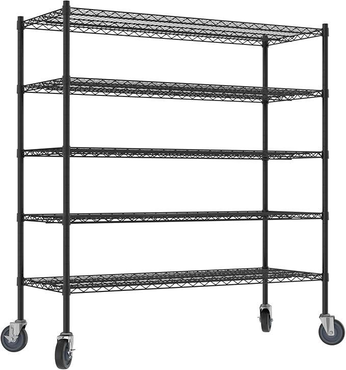 Commercial NSF Listed Black Epoxy Mobile Wire Shelving Kit 21" x 54" x 60", with 5 Shelves Perfect for Warehouse, Walk-in Refrigerator, Freezer, Grocery Store, Restaurant, Dishroom