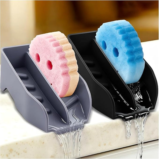 2Pcs Sponge Holder for Scrub Daddy Mommy Kitchen Sink with Drain Spout Large Silicone Sink Caddy Sponge Brush Soap Dish Organizer Dishwasher Safe Kitchen Bathroom Cleaning Tools Accessories