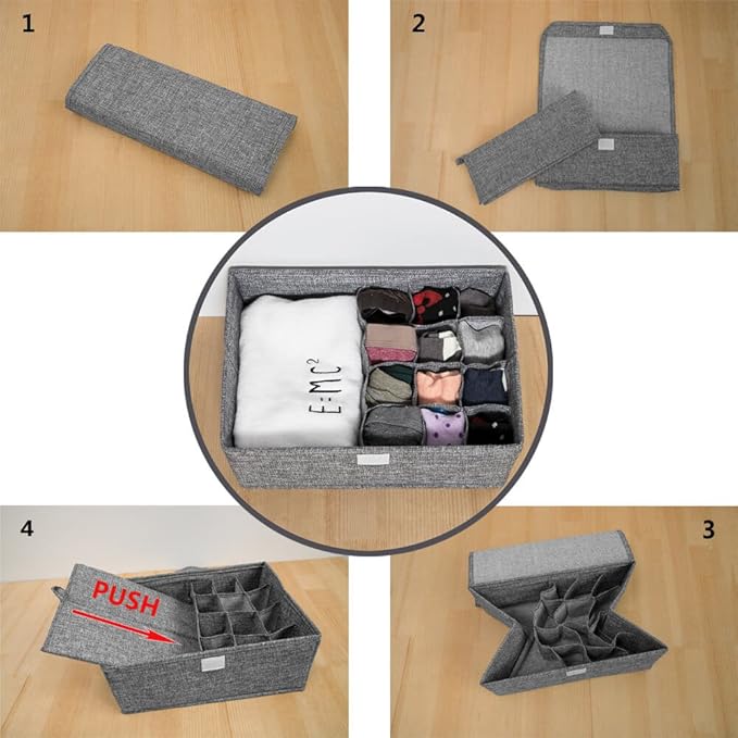 ALYER Collapsible Drawer Organizer,Underwear Drawer Divider for Socks Panties Bras Ties Clothing,Sturdy Closet Storage Divider with Lid(Blue)