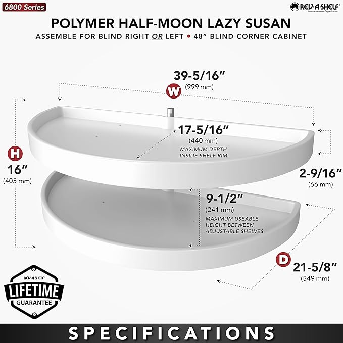Rev-A-Shelf 39" Pull Out Half Moon Shelves for Blind Corner Kitchen/Bathroom Cabinets, 2 Shelf Sliding Organizer with Hardware, White, 6882-39-11-570
