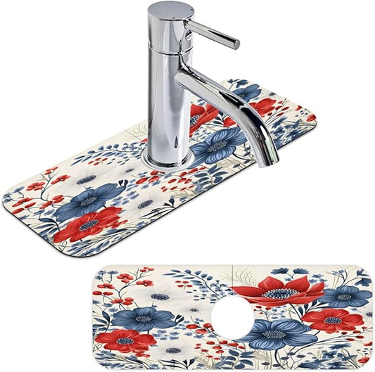 Patriotic Bloom Burst Kitchen Faucet Mat Splash Guard, 15.4”x5.7” Absorbent Quick Drying Sink Mat for Countertop Protection, Draining Mat Sink Protectors For Kitchen Bathroom, 1 Pack