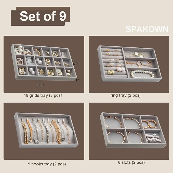 Jewelry Trays Organizer for Drawer, 9 Set of Small Jewelry Display Case Storage Velvet Stackable Drawer Inserts Organizer for Necklaces Bracelets Earrings Rings (Grey)