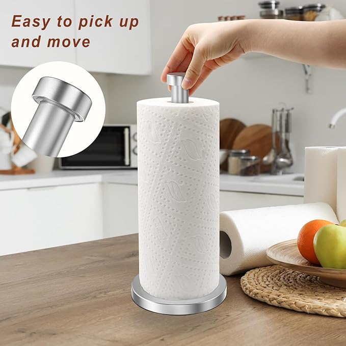 Paper Towel Holder, Standing Paper Towel Roll Holder for Kitchen Bathroom, Steady Paper Towel Holder Countertop with Solid Weighted Base, Stainless Steel Paper Towel Holders (Silver)