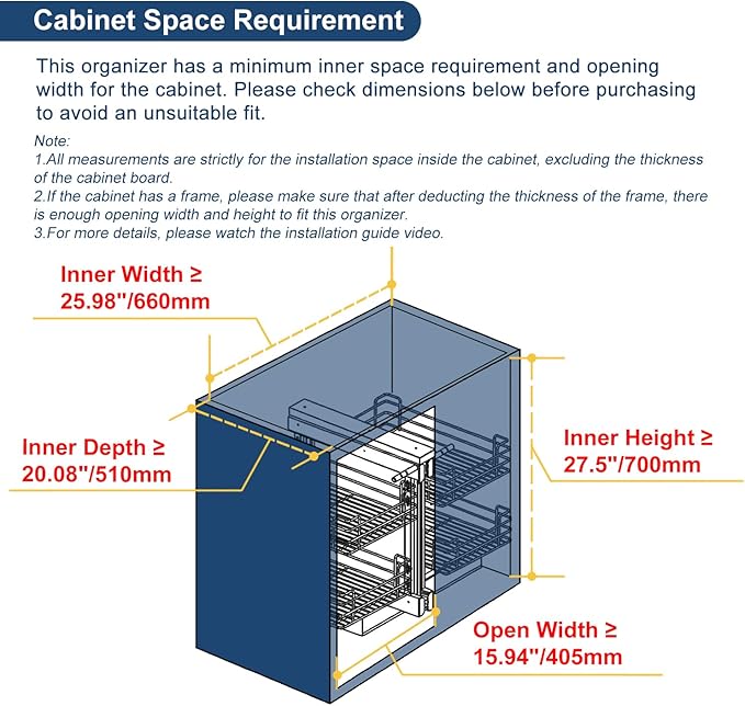VADANIA Blind Corner Pull Out Organizer for 36" Cabinet, Left Open & Right Open Compatible, Min Opening 15", 2-tier Pull-out Basket, Soft Close, Bottom Mount