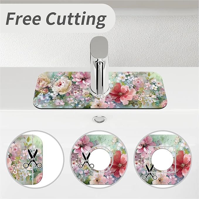 Kitchen Sink Splash Guard，soft-watercolor floral Faucet Mat Sink Gadgets-Super Absorbent Fast Drying Mat Drip Catcher for Kitchen, Bathroom,Sink Mat, Dish Drying Mat, Bathroom(15" X 5.5" )
