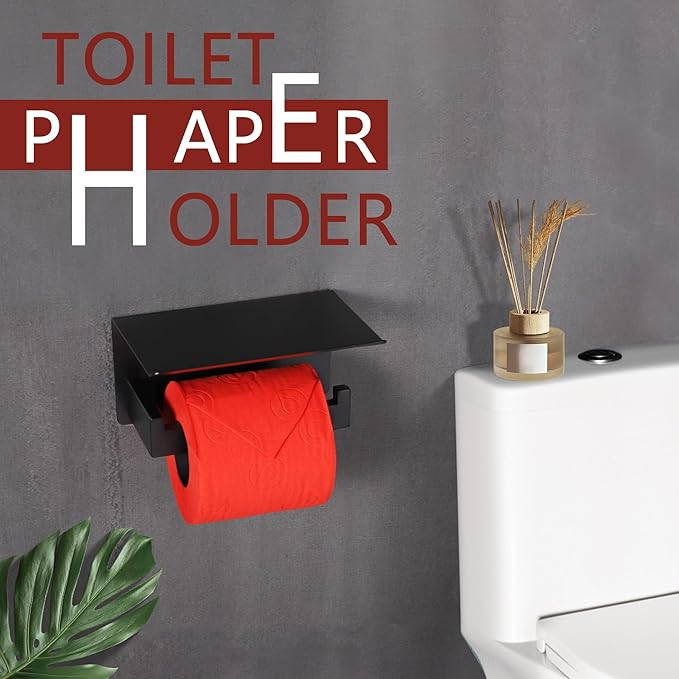 LANC Matte Black Toilet Paper Holder with Shelf, Adhesive or Screw Bathroom Toilet Paper Roll Holder with Phone Shelf for Bathroom Wall Mount, Tissue Roll Holder Stainless Steel, A8367MB