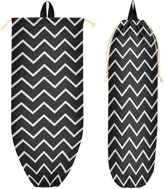 1 PC Plastic Bag Holder Wall Mount Grocery Bag Holder Shopping Bag Trash Bag Storage Organizer Dispenser for Kitchen Closet 22 x 9 Inch Black and White Zigzag