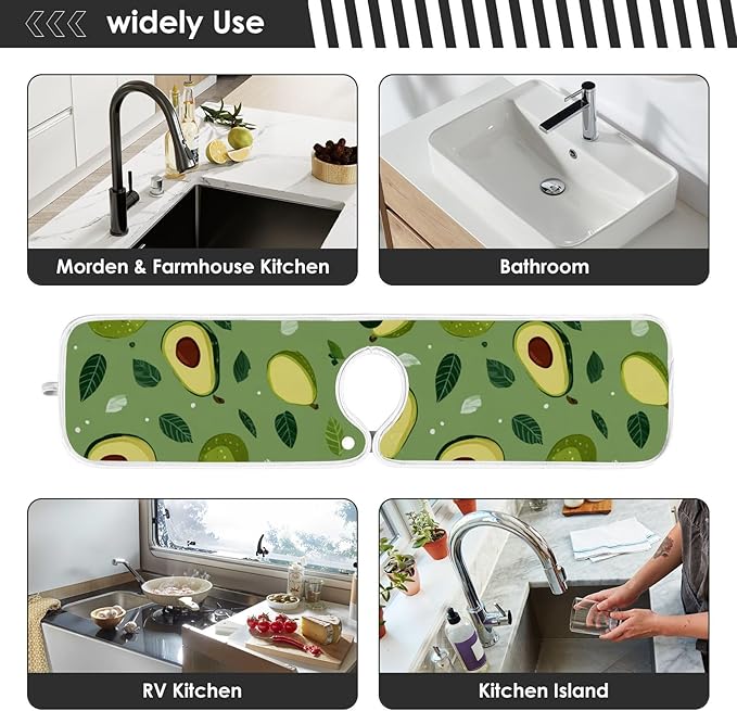 2 PCS Kitchen Sink Splash Guard 14.9 Inch Faucet Mat for Kitchen Sink Bathroom Sink Faucet Absorbing Drip Drain Mat Pad Microfiber Soft Washable Green Avocado Tomato Leaves